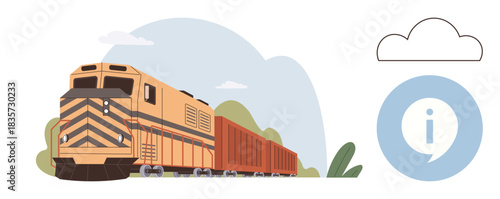 Orange freight train with cargo cars in nature setting, accompanied by a cloud and an information icon. Ideal for transport, logistics, freight, travel, eco-focus, communication education. Clear