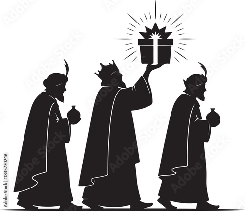Three wise men silhouettes carrying gifts and walking towards a star Keywords: three wise men, nativity