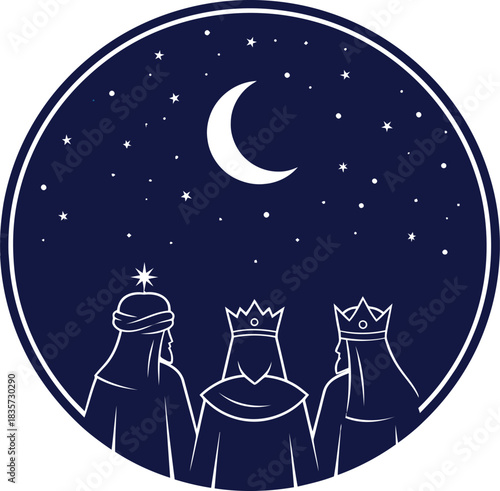 Three Wise Men Under Crescent Moon and Stars in Circle nativity christmas