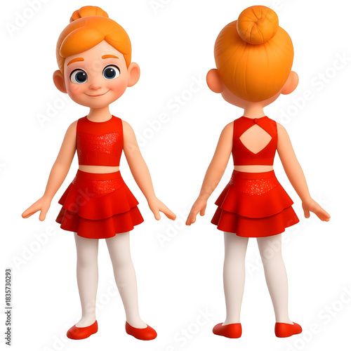 Ballerina With Red Dress And Bun Hairstyle Shown Front And Back
