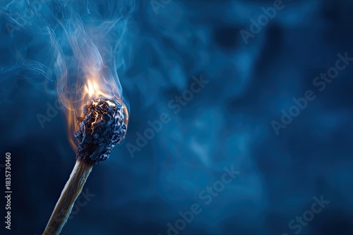 A lit match burns, producing bright flames and wisps of smoky blue haze