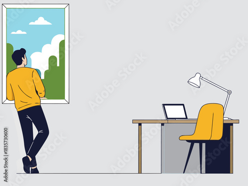 A man contemplates a cityscape view through a window in a modern office. He wears a yellow sweater, creating a visually appealing composition. Focus on perspective and calm.