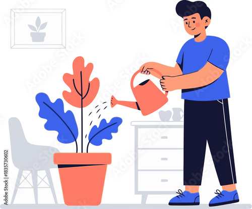 A young man carefully waters a plant, symbolizing growth and patience.  A modern, inviting interior setting.  Illustrative style, vibrant colors.