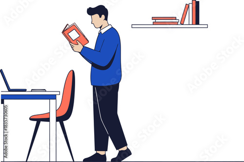 A young man reads a book while working at a desk with a laptop and shelves filled with books. He?s disconnecting to connect, promoting mindful productivity. Modern, minimalist style.
