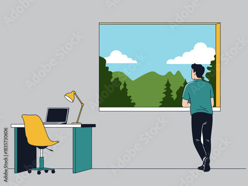 A young man contemplates a scenic landscape viewed through a window. He works at a desk with a laptop and lamp, suggesting focus and reflection. Modern, minimalist style.