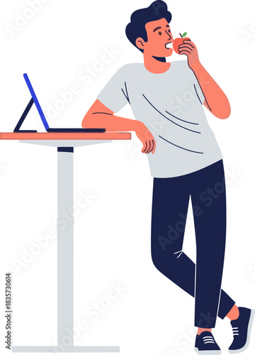 A young man thoughtfully eats an apple while working on a laptop at a desk. Modern, clean illustration style. Focus on productivity and focus.