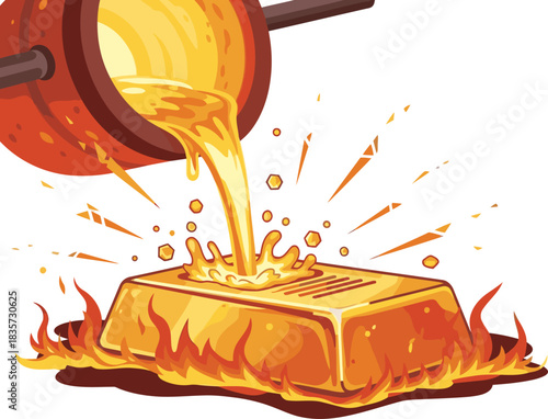 Molten gold pours into a bar, symbolizing value and purity. Dynamic, fiery effect. Ideal for finance, investment, and success themes.