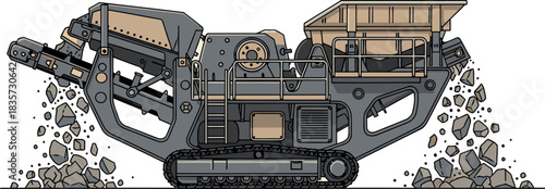 powerful mobile crushing plant processes rocks showcasing robust engineering and industrial strength The illustration highlights the machine's design and operational power Suitable for commercial use