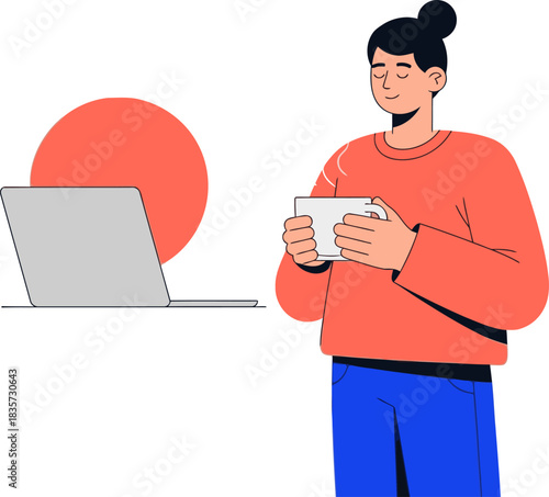 A relaxed young woman enjoys a moment of calm while sipping coffee and working on her laptop. Soft colors and a modern illustration style create a peaceful atmosphere. Slow down.