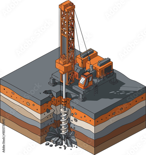 Precision drilling extracts rock layers. Isometric illustration showcases a modern drill rig in action, highlighting geological strata. Clean, technical, and visually informative.