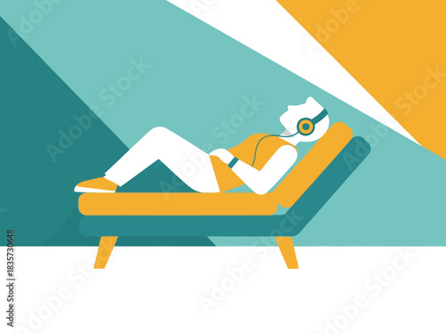 A relaxed figure listens to audio on a chaise lounge, bathed in warm light. Modern, minimalist design with teal and orange hues. Perfect for wellness, learning, or relaxation concepts.