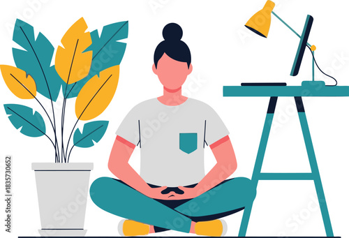 A serene woman meditates in a modern workspace, fostering calm and focus.  A plant and laptop create a peaceful, productive atmosphere.  Ideal for wellness and productivity themes.