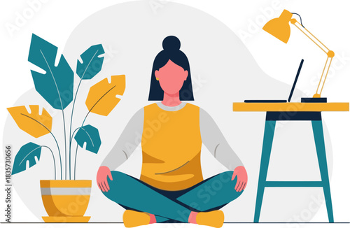 A serene woman meditates with a laptop and plant in a calming home workspace. Soft colors and a minimalist aesthetic create a peaceful atmosphere. Ideal for wellness and productivity themes.