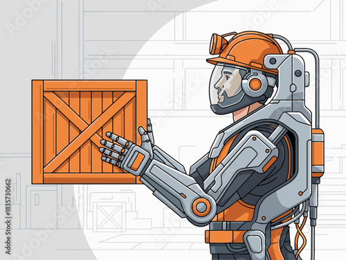 A robotic worker in a futuristic suit carefully handles a crate, showcasing safety and technology in a modern industrial setting. Clean lines and bright colors create a professional visual.