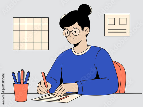 A stylish woman sketches at her desk, surrounded by pens and a calendar. Clean lines and a modern aesthetic create a clear workspace. Focus on productivity and organization.