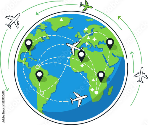 vibrant illustration depicts global connectivity through airplanes and interconnected lines circling the Earth It showcases a dynamic and modern representation of worldwide travel and communication