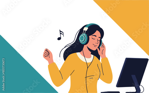 A woman enjoys music while working on a computer. She?s smiling and relaxed, creating a peaceful and focused atmosphere. Modern design and vibrant colors.
