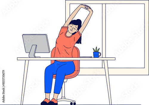 A young woman stretches at her desk while working on a computer. A calming, modern workspace with a window and potted plant. Focus on wellness and productivity.