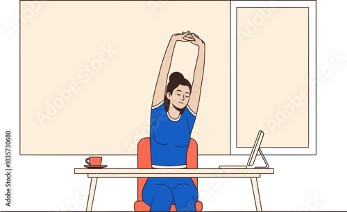 A woman stretches at her desk, promoting wellness and a productive workday. Modern office setting with a calm, refreshing vibe. Rest, recharge, reset.