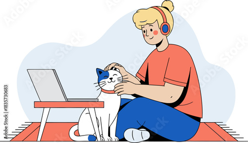 A young woman relaxes with her cat while working on a laptop. A cozy, modern illustration with soft colors and a comforting vibe. Perfect for wellness, productivity, or lifestyle themes.