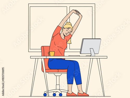 A woman stretches at her desk, promoting wellness and productivity. Modern office setting with a laptop and coffee cup.  Rest, recharge, reset.