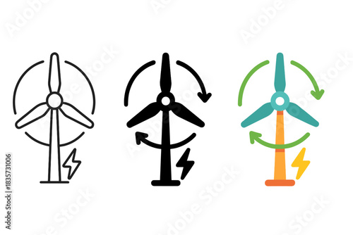 Wind Turbine Evolution. Wind turbine blades, rotating arrows, small lightning bolt, first in line style with thin outline, second