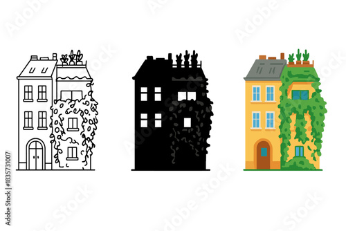 Vine-Covered Building Facade. Building façade, vine-covered extension, rooftop garden, first in line style with thin outline,