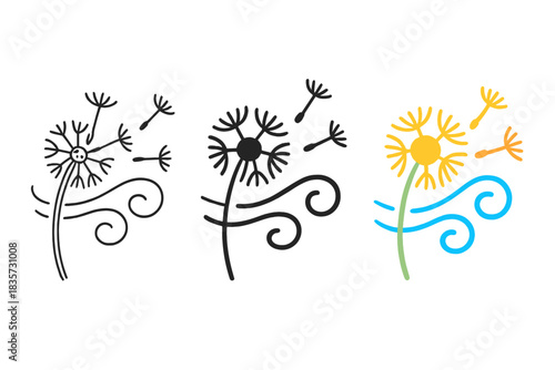 Dandelion Seed Journey. Dandelion puff, drifting seeds, swirling wind lines, first in line style with thin outline, second in