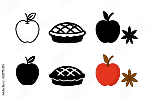 Apple Pie Artistry. Whole apple, baked pie, star anise, first in line style with thin outline, second in solid style filled shape,