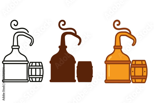 Copper Pot Stills Art. Copper pot still, mash tub, steam swirl, first in line style with thin outline, second in solid style