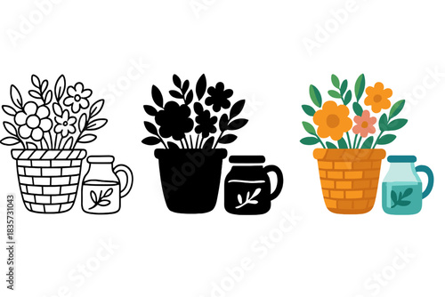 Floral Basket Trio. Basket with flowers, leaves, glass infusion jar, first in line style with thin outline, second in solid style