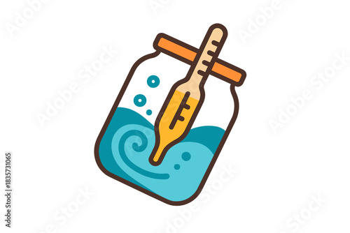 Hydrometer Dance Icon. Flat style icon of a hydrometer in a tilted jar with swirling liquid, bright colors, representing proofing