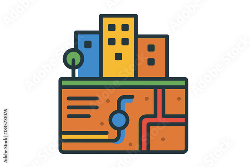 Layered City Blocks. Flat style icon of layered city blocks showing underground infrastructure, bright colors, representing