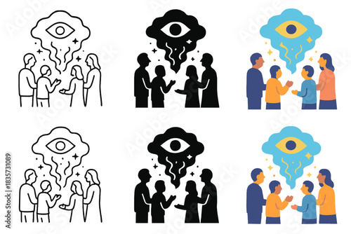 Mystical Shared Vision. People standing around a luminous fog forming a shared vision, mystical event representation, clean vector