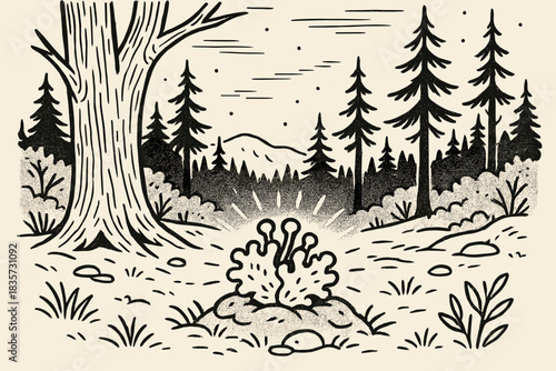 Luminous Lichen Alliance. Forest scene with small lichen cluster glowing subtly to represent active biological alliance, first in