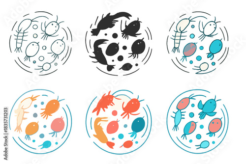 Zooplankton Minimal Artistry. Circular bloom of zooplankton with subtle motion lines indicating growth, abstract minimal vector