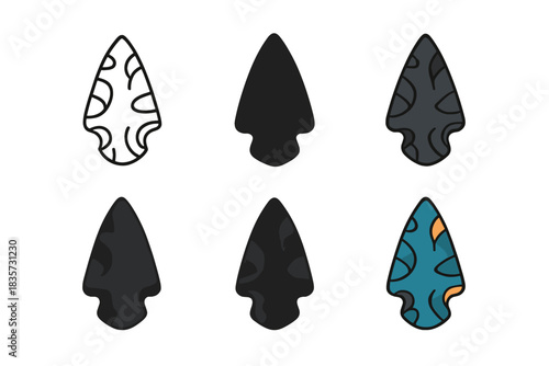 Volcanic Glass Arrowhead. Dark volcanic glass arrowhead with flaked surface and pointed tip, clean minimal vector icon, first in