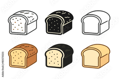 Bread Icon Variations. Sliced loaf showing crisp brick oven crust and soft interior, clean geometric minimal icon, first in line