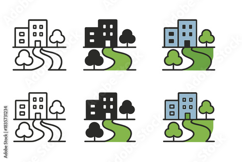 Green Corridor Community. Neighborhood with green corridors linking buildings and open spaces, simple minimal vector icon, first
