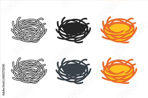 Iron Wire Bird Nest. Curled iron wire forming a bird-like nest with detailed strands, abstract minimal vector design, first in