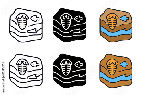 Cambrian Fossils Icon. Layered rock with embedded Cambrian marine life and exoskeletons, simple minimal vector icon, first in line