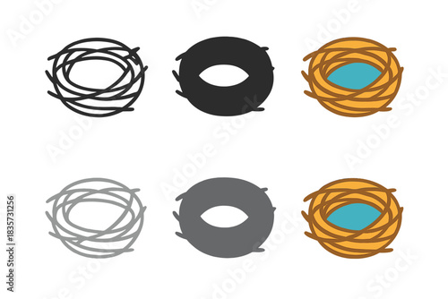 Iron Filament Nest. Circular nest made entirely of intertwined iron filaments, clean minimal vector icon, first in line style with