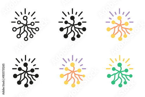 Mycelial Energy Web. Mycelial web with radiating energy and connected neural-like nodes, clean geometric minimal icon, first in