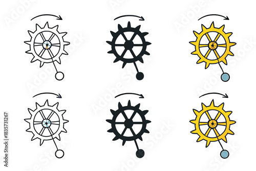 Escapement Mechanism Icons. Escapement mechanism showing teeth engagement and pendulum rhythm, clean geometric minimal icon, first