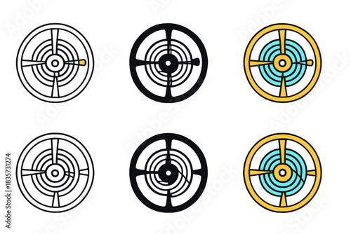 Balance Wheel Evolution. Detailed balance wheel with spiraling hairspring oscillating in time, clean minimal vector icon, first in