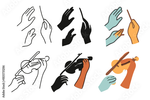Harmonious Instrumental Hands. Translucent hands and limbs conducting and playing instruments in harmony, simple minimal vector