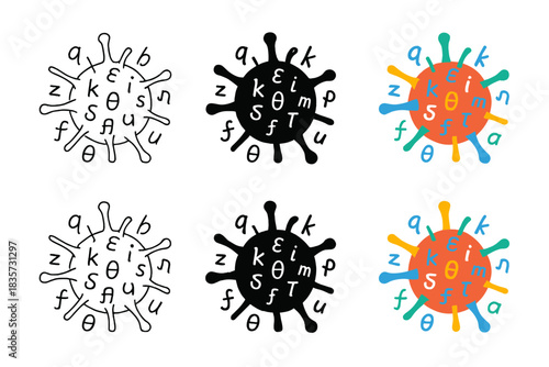 Abstract Viral Motion. Abstract virus form composed of letters and phonetic symbols in dynamic motion, abstract minimal vector