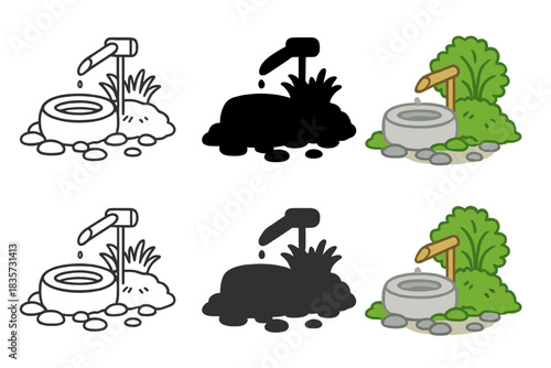 Tsukubai Serenity Garden. Garden setting with tsukubai surrounded by moss and pebbles, simplified natural arrangement evoking