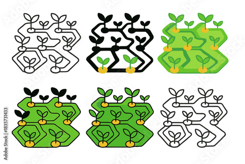 Neural Garden Design. Garden landscape where pathways form a neural grid pattern, plants growing along connection nodes, merging