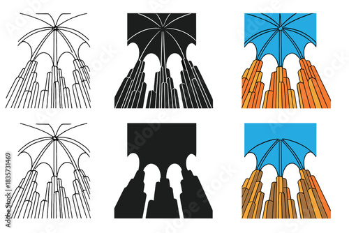 Basalt Pillars' Majesty. View from below looking up at towering basalt pillars meeting ceiling arch, dramatic depth and organic